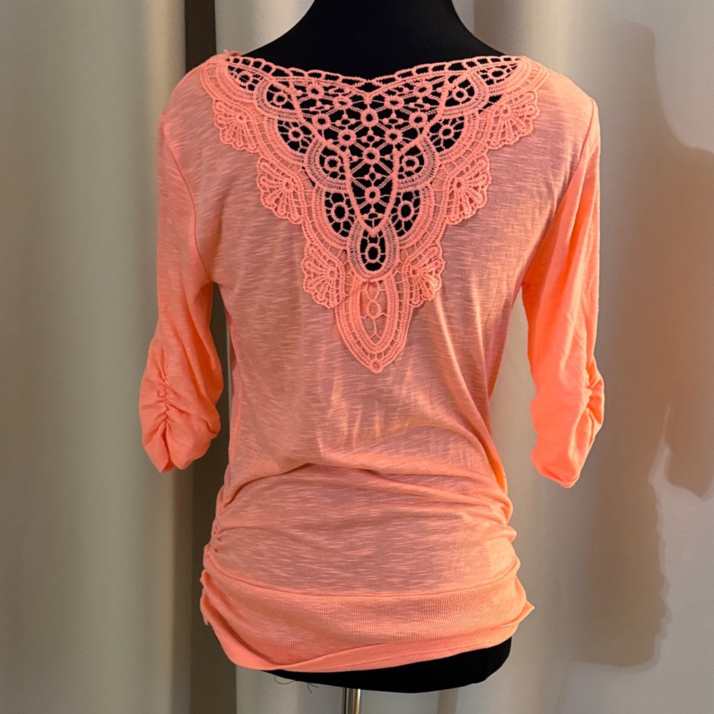 No Boundaries Coral Lace Back Short Sleeve Top